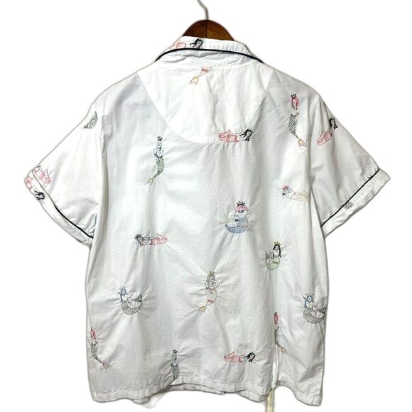 PRINTFRESH White 100% Cotton Mermaid Embroidered Short Sleeve Pajama Top Size L - Picture 3 of 11